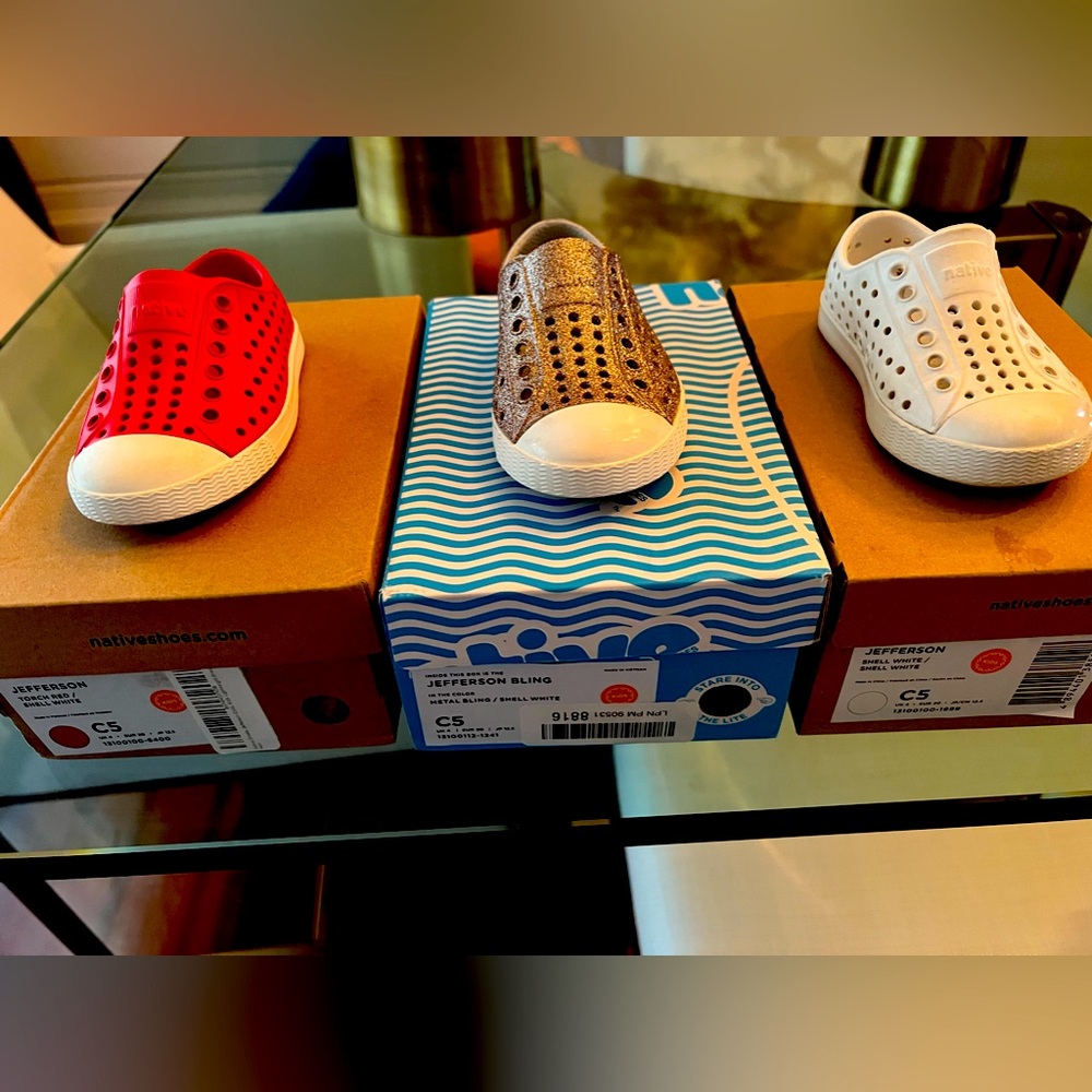 3 pairs of size 5 natives; red, white and metal bling.  Red and bling worn once.